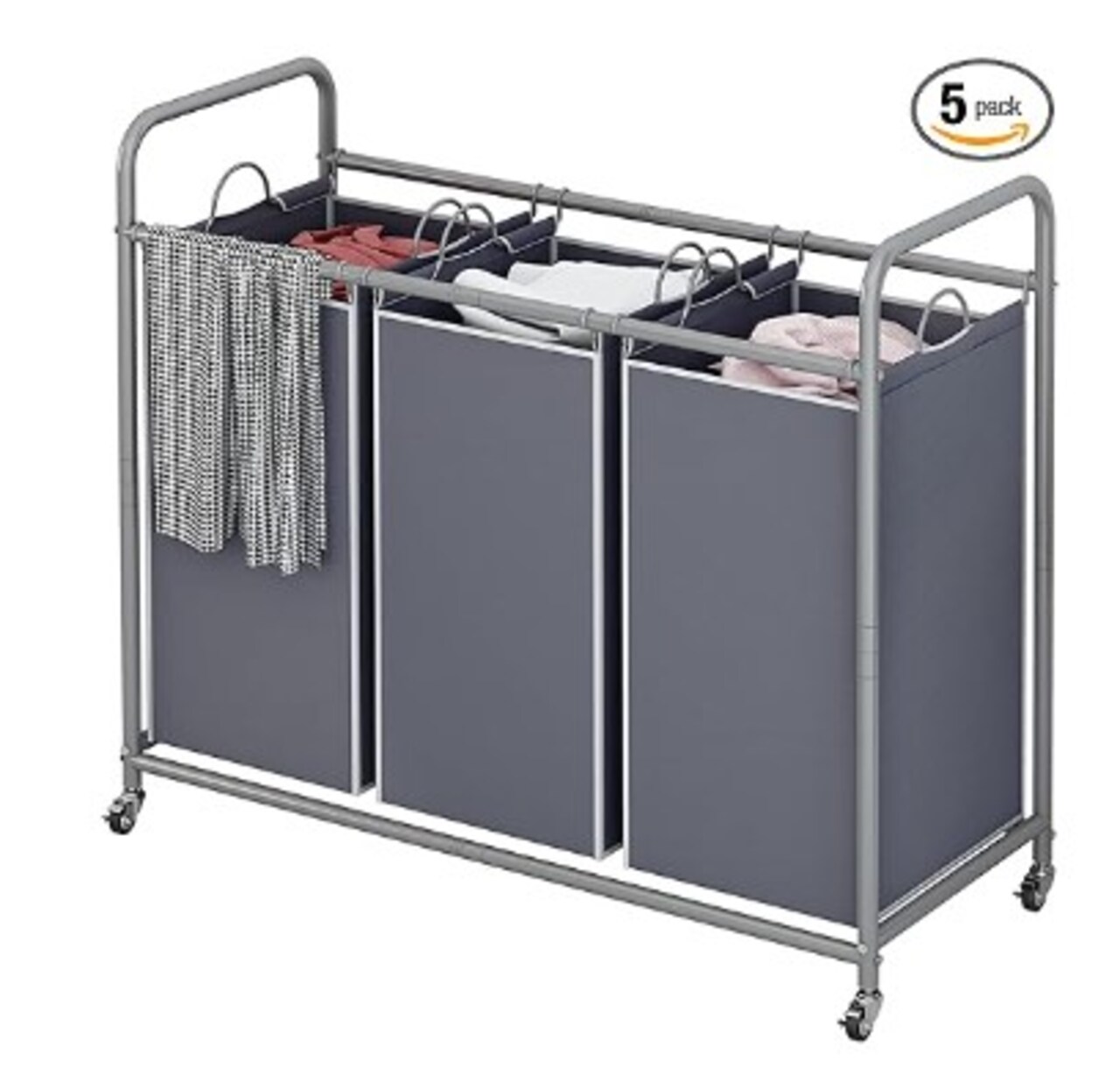 3 Bag Laundry Hamper Cart with Rolling Lockable Wheels and Removable Bags Laundry Sorter Basket Grey Laundry Organiser Cart for Clothes Storage